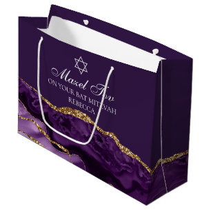 Personalised Bat Mitzvah Mazel Tov Purple Gold Large Gift Bag
