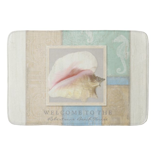 Personalised Bathroom Wooden Beach House Seashell Bath Mat (Front)