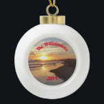 Personalised Beach and Dog at Sunset Ceramic Ball Christmas Ornament<br><div class="desc">This ceramic ball ornament features a California beach with people and a dog splashing in the ocean as the last rays of the sun set. The back has a bell design. With this ornament, you can enjoy a beach sunset anytime. The top of the ocean image has curved text that...</div>