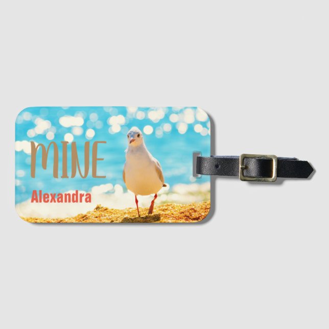 Personalised beach blue with seagull luggage tag (Front Horizontal)