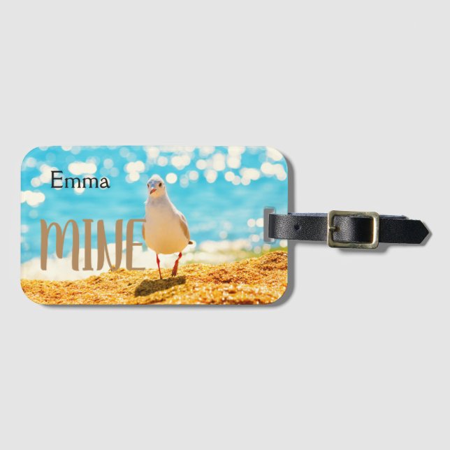 Personalised beach blue with  seagull luggage tag (Front Horizontal)