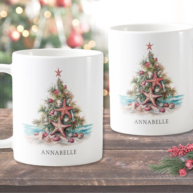 Personalised Beach Christmas Tree Coffee Mug (Personalized Beach Christmas Tree Coffee Mug)