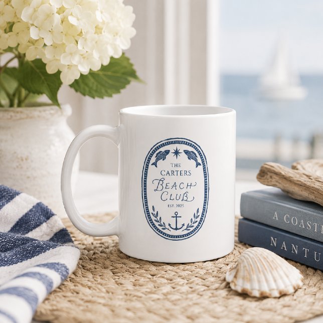 Personalised Beach Club Crest Coastal Mug (Creator Uploaded)