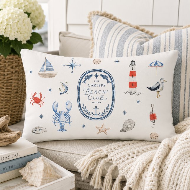 Personalised Beach Club Crest Coastal Throw Pillow (Creator Uploaded)