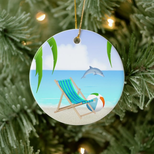 Personalised Beach Fun Dolphin Holiday Christmas Ceramic Tree Decoration (Tree)