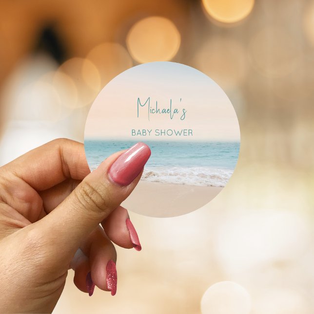  Personalised  Beach Gender Neutral Baby Shower  Classic Round Sticker (Creator Uploaded)