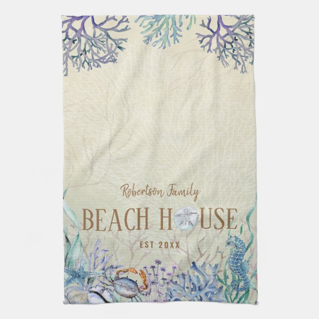 Personalised Beach House Coastal Coral Reef Tea Towel (Vertical)