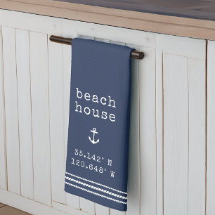 Personalised Beach House Coordinates Tea Towel