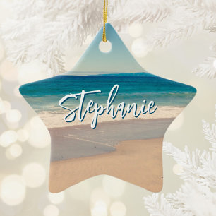 Personalised Beach Photo Ocean Blue Scenic Ceramic Tree Decoration