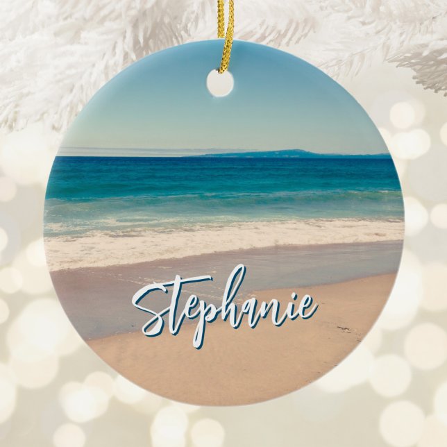 Personalised Beach Photo Ocean Blue Scenic Ceramic Tree Decoration (Personalized Beach Photo Ocean Blue Scenic Ceramic Ornament)