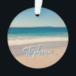 Personalised Beach Photo Ocean Blue Scenic Ornament<br><div class="desc">A lovely vintage style photo of a beach in California round acrylic Christmas ornament. Customise with her name to create your own custom personalised gift. For shorter names there is plenty of room to increase the font size. There are a lot of lovely modern calligraphy script styles to choose from....</div>