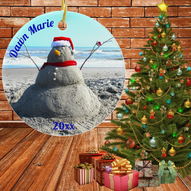 Personalised Beach Sand Santa "Snowman" Ceramic Tree Decoration (beach santa snowman)