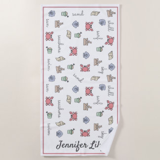Personalised Beach Sandcastle Crab Shell Pail Kid  Beach Towel