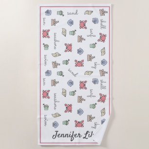 Personalised Beach Sandcastle Crab Shell Pail Kid  Towel