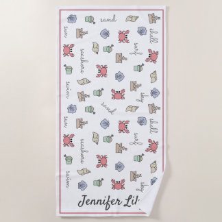 Personalised Beach Sandcastle Crab Shell Pail Kid Towel