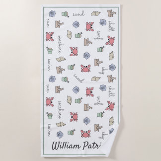 Personalised Beach Sandcastle Crab Shell Pail Kid Towel
