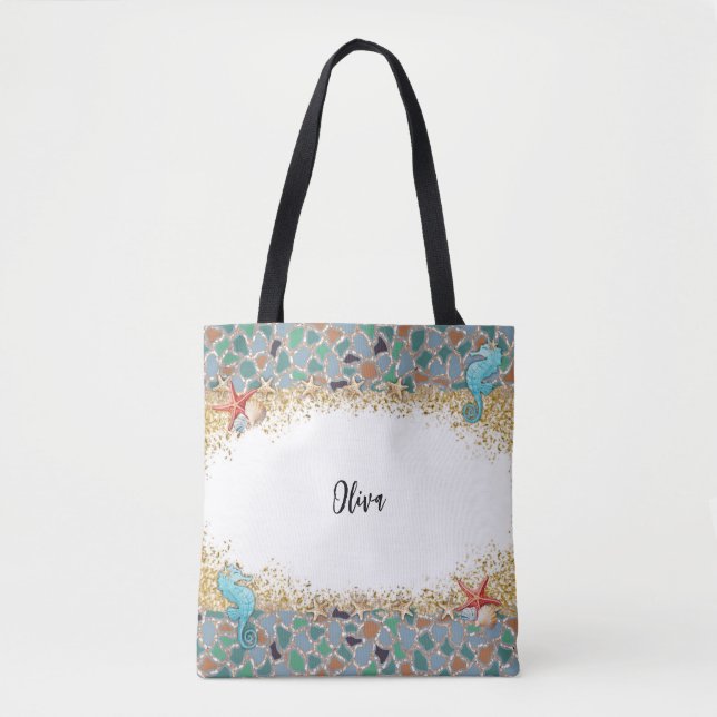 Personalised Beach Sea Life Glass Themed Border Tote Bag (Front)