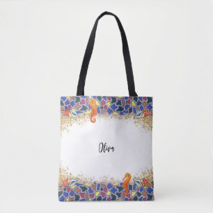 Personalised Beach Sea Life Glass Themed Border Tote Bag