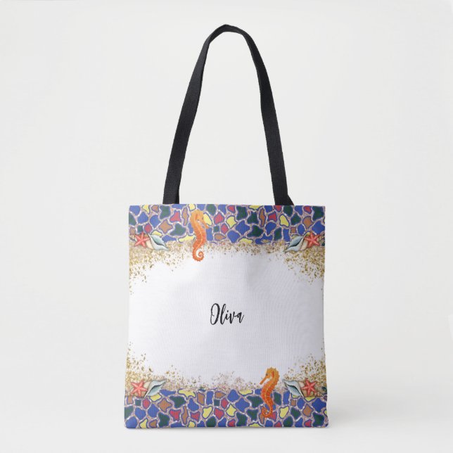 Personalised Beach Sea Life Glass Themed Border Tote Bag (Front)