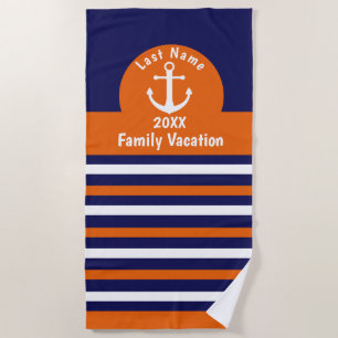 Personalised Beach Towels - Blue and Orange Stripe