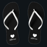 Personalised beach wedding flip flops for guests<br><div class="desc">Personalised beach wedding flip flops for guests. Elegant party favour set with custom last name or monogram and little heart love symbol. Custom background and strap colour for him and her / men and women. Romantic black and white his and hers sandals with stylish script calligraphy typography. Fun for nautical...</div>