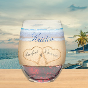 Personalised Beach Wedding Hearts in Sand Favour Stemless Wine Glass