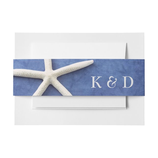 Personalised Beach Wedding White Star Fish on Blue Invitation Belly Band (Front Example)