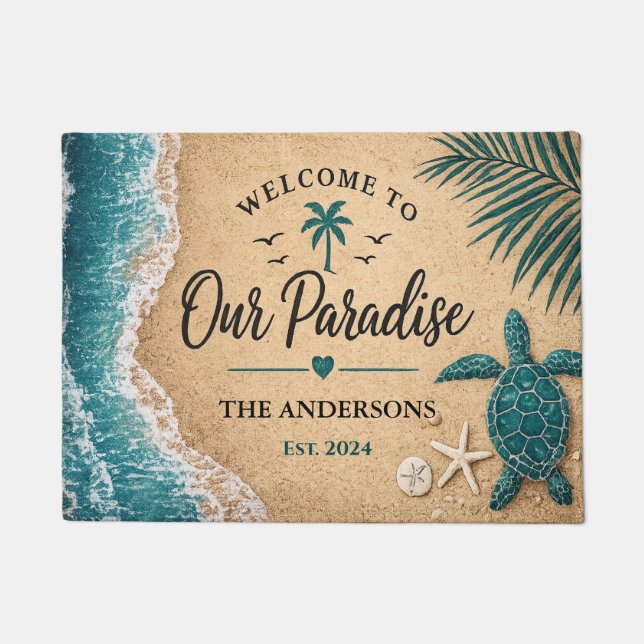 Personalised Beach Welcome Mat Turtle Coastal (Front)