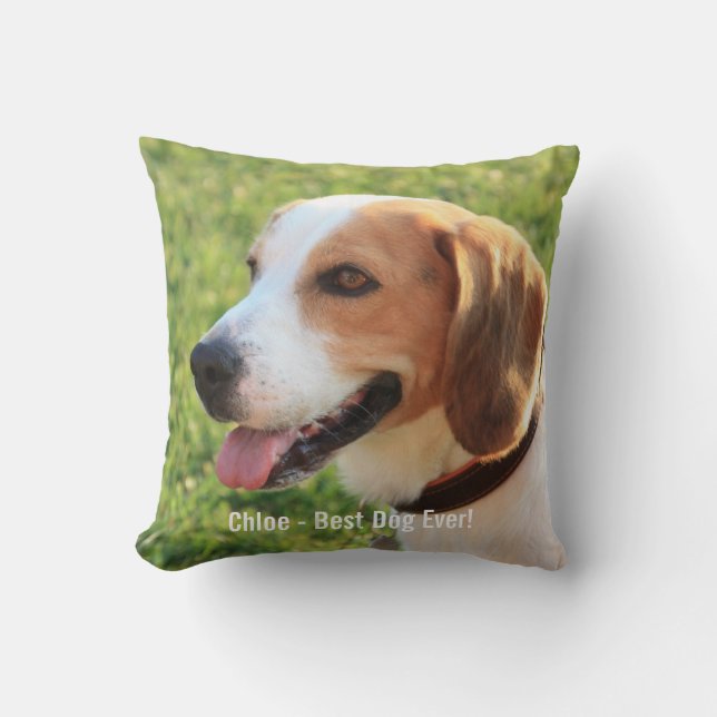 Personalised Beagle Dog Photo and Dog Name Cushion (Front)