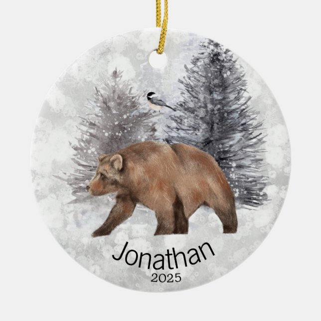 Personalised Bear Bird Winter Cabin       Ceramic Tree Decoration (Front)