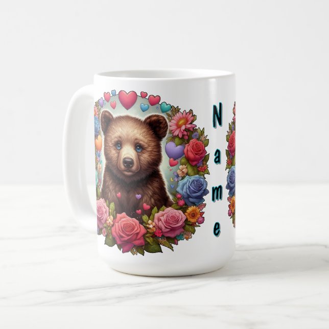 Personalised Bear Cub with Roses and Hearts Coffee Mug (Front Left)