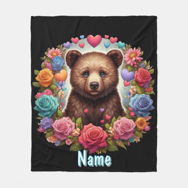 Personalised Bear Cub with Roses and Hearts Fleece Blanket (Front)