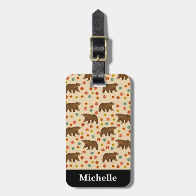 Personalised Bear Floral Pattern Luggage Tag (Front Vertical)