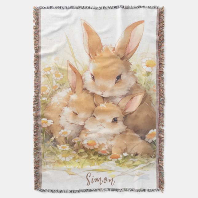Personalised Beatrix Potter Style Bunny Rabbits Throw Blanket (Front Vertical)