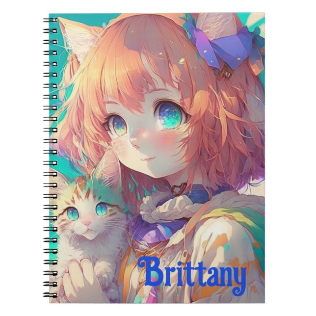Personalised Beautiful Anime Girl with Cute Kitten Notebook (Front)