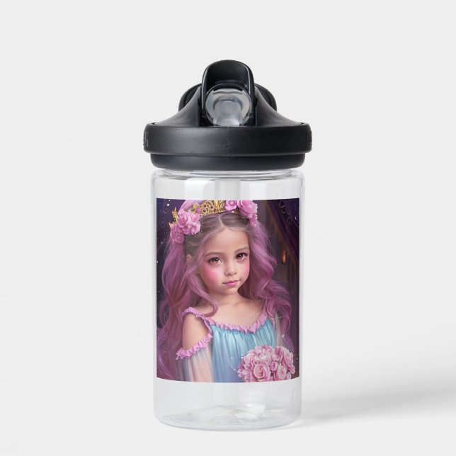 Personalised Beautiful Girl with Pink Flowers  Water Bottle (Front)