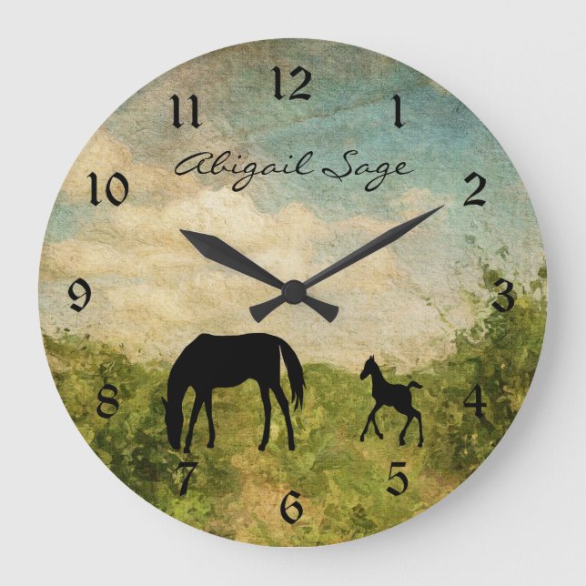 Personalised Beautiful Mare and Foal Horse Large Clock (Front)