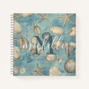 Personalised Beautiful Vintage Seashells In Blue Notebook