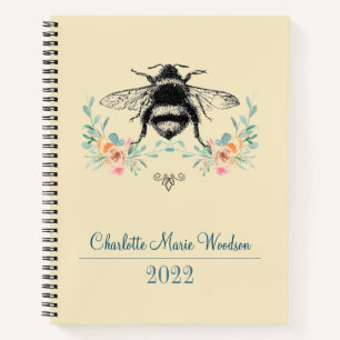 Personalised Bee Blush Pink Green Floral Notebook