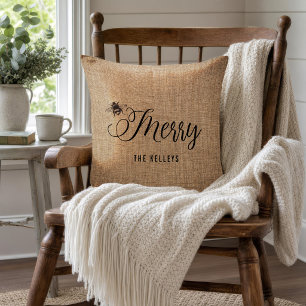 Personalised Bee Merry Rustic Farmhouse Christmas Cushion