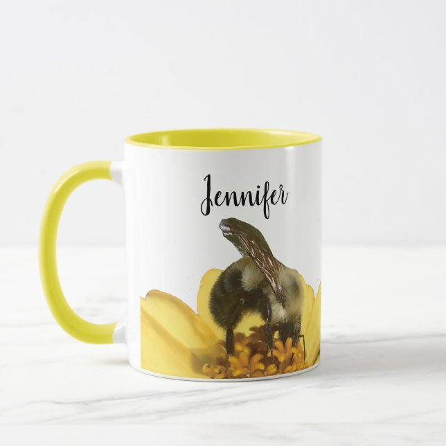 Personalised Bee on a Yellow Flower Nature Photo Mug (Left)