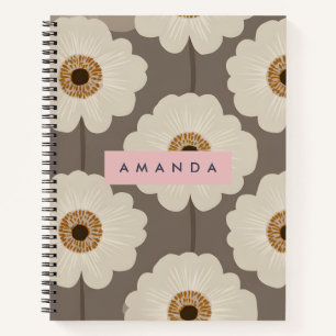 Personalised Beige and Brown Mid-Century Flower Notebook