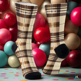 Personalised Beige and Brown Tartan Plaid Custom Socks