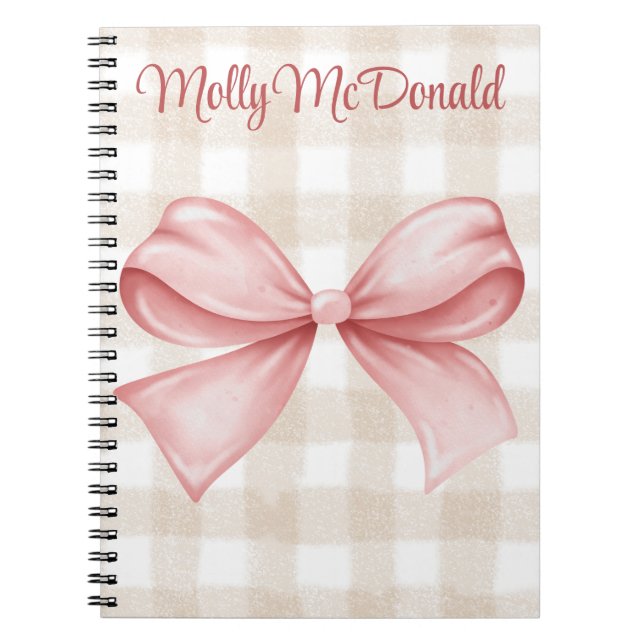Personalised beige chequered pattern with pink bow notebook (Front)