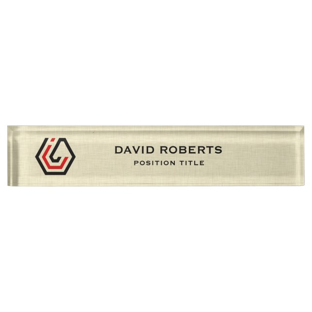 Personalised Beige Linen & Stand in Logo Nameplate (Front)