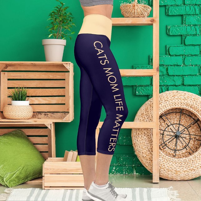 Personalised Beige Navy Blue Pet Cat Name Text Fun Capri Leggings (Creator Uploaded)