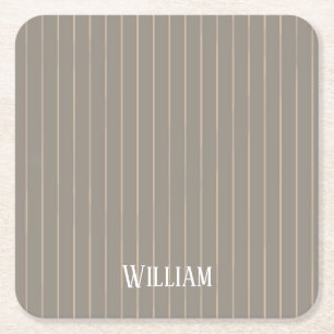 Personalised beige pinstripes square paper coaster