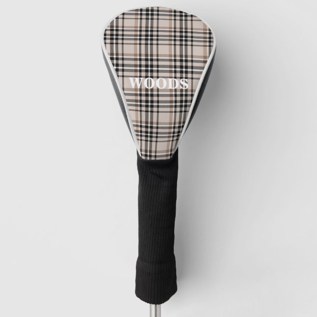 Personalised Beige Plaid Golf Head Cover (Front)