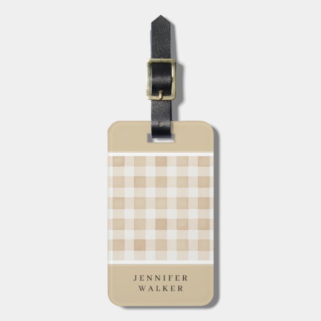 Personalised Beige Plaid Luggage Tag (Front Vertical)
