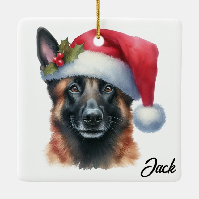 Personalised Belgian Malinois Dog with Santa Hat Ceramic Ornament (Back)